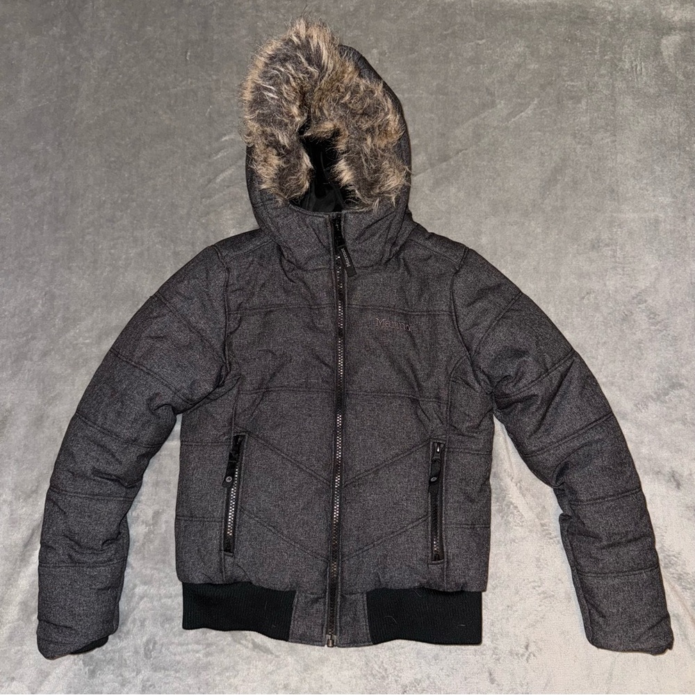 Marmot Girls Williamsburg Charcoal Gray Puffer Coat with Faux Fur Hood Medium